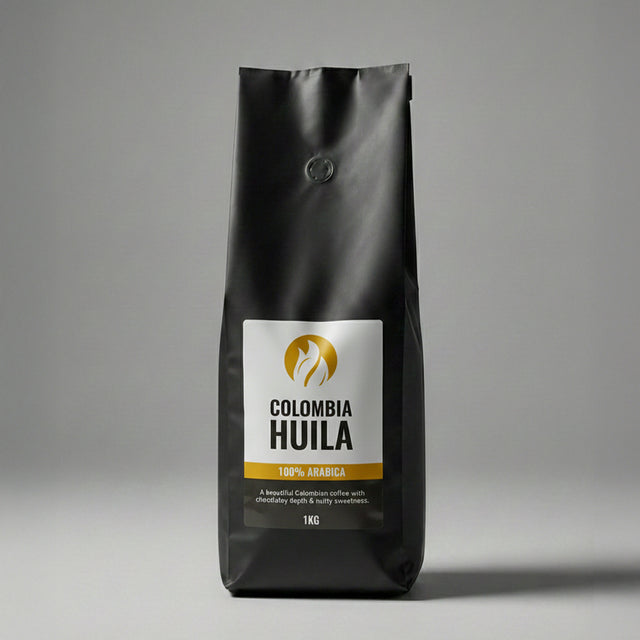 Coffee bag labeled 'Colombia Huila' on a gray background