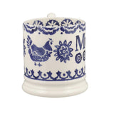 White ceramic jar with blue floral and bird patterns on a white background