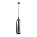 A stainless steel Bodum SCHIUMA Milk Frother with a handheld design, featuring a red Bodum logo, against a white background.