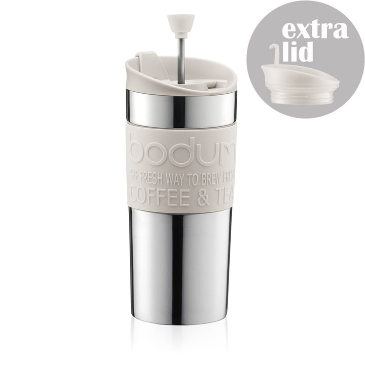 Bodum Stainless Steel Travel Mug Press 0.35L with Spare Lid - White