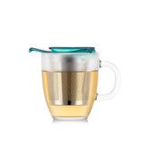 Clear mug with metal filter and teal lid on a white background