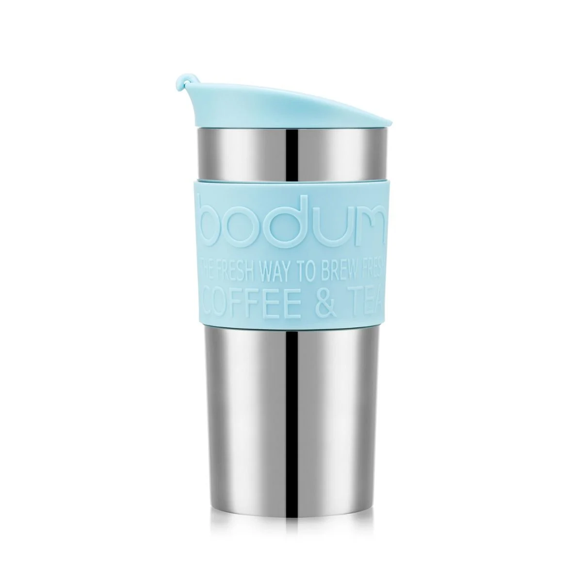 Travel mug with light blue lid and sleeve on a white background