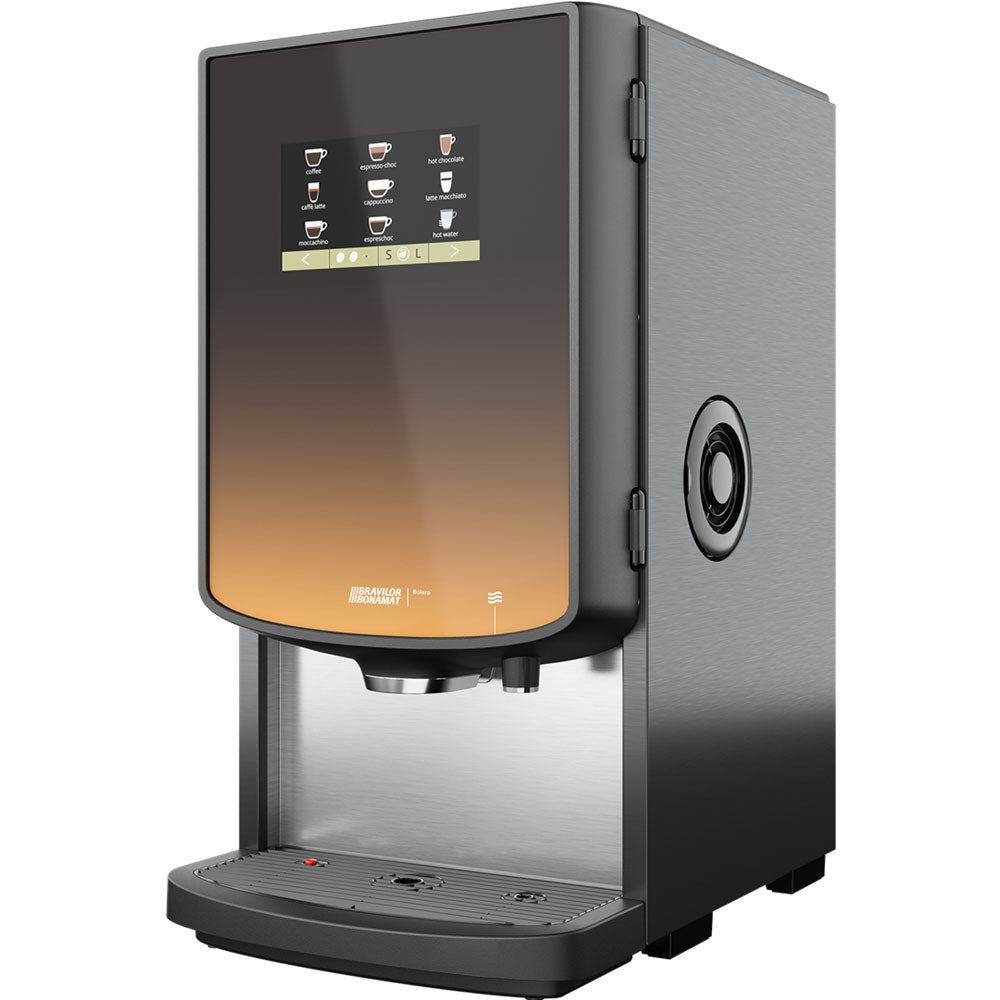 Bravilor Bonamat Bolero 43 Instant Beverage Machine with 4 canisters, fast brewing, and energy-saving mode, ideal for serving coffee, hot chocolate, and milk-based drinks in high-demand environments.
