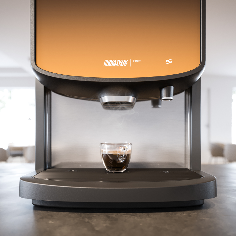 Bravilor Bonamat Bolero 43 Instant Beverage Machine with 4 canisters, fast brewing, and energy-saving mode, ideal for serving coffee, hot chocolate, and milk-based drinks in high-demand environments.