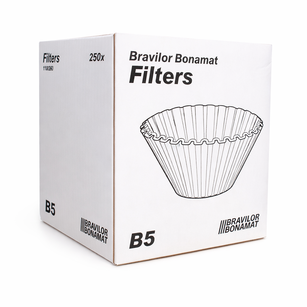 Box of Bravilor Bonamat coffee filters with a filter illustration on a white background