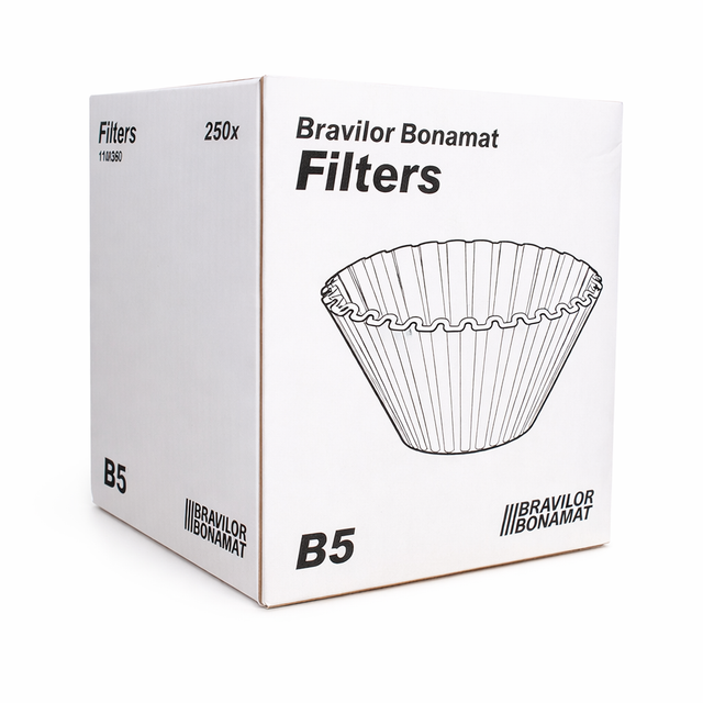 Box of Bravilor Bonamat coffee filters with a filter illustration on a white background