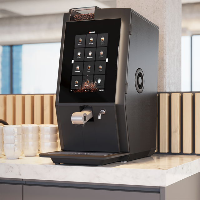 Bravilor Esprecious 22 Bean-to-Cup Coffee Machine – modern design with user-friendly touchscreen, dual canisters for coffee beans and instant ingredients, automatic rinsing program, and capacity for up to 220 cups per day. Perfect for large-scale environments.