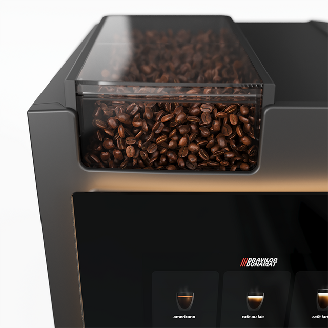 Bravilor Esprecious 22 Bean-to-Cup Coffee Machine – modern design with user-friendly touchscreen, dual canisters for coffee beans and instant ingredients, automatic rinsing program, and capacity for up to 220 cups per day. Perfect for large-scale environments.