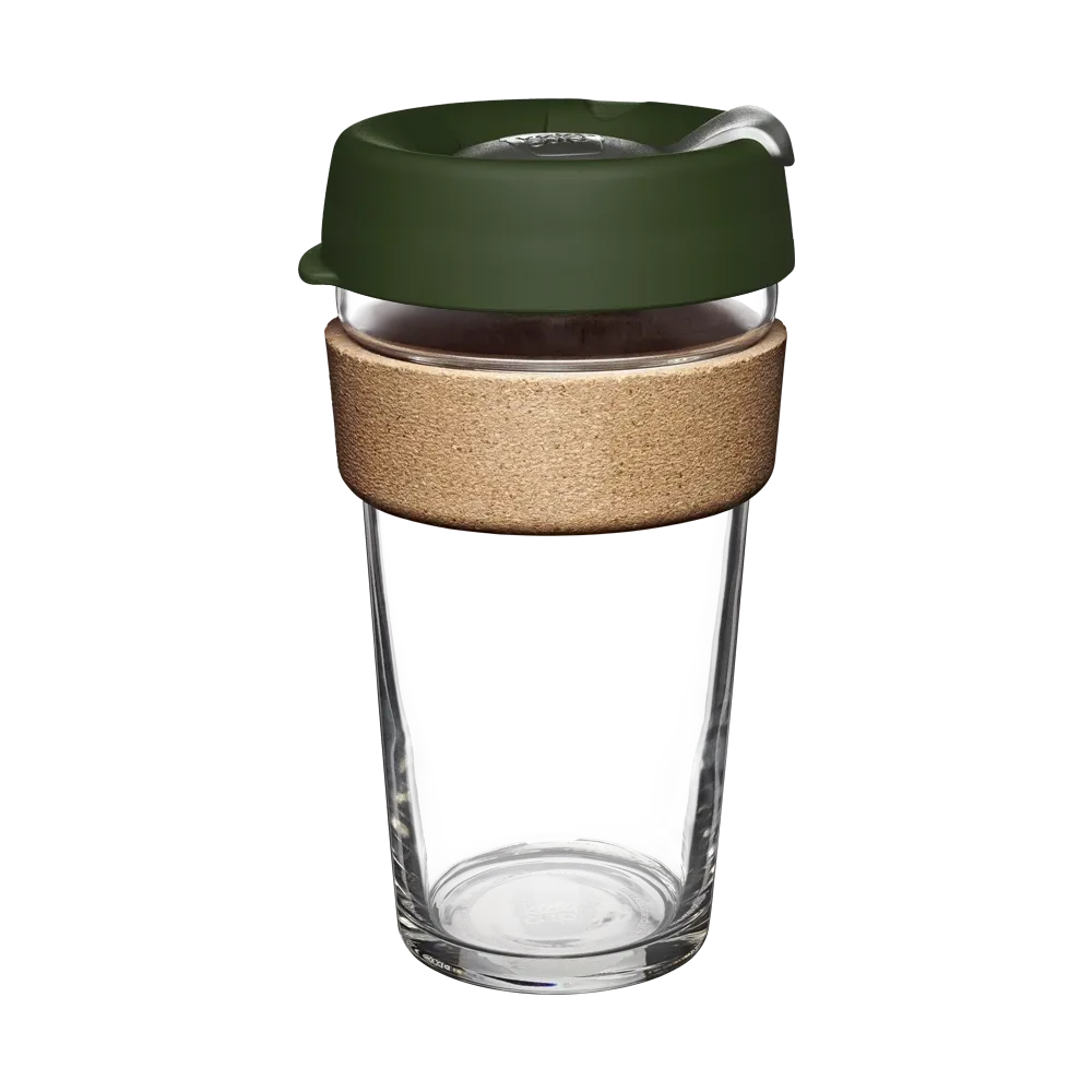 A reusable glass coffee cup with a cork band and a green press fit lid, tempered for durability.