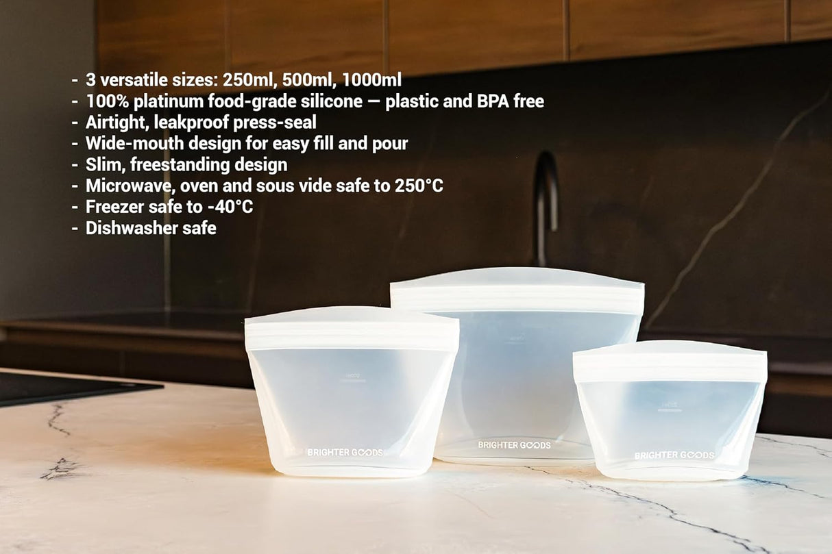 Brighter Goods Reusable Silicone Food Bags, 3-Pack - Clear