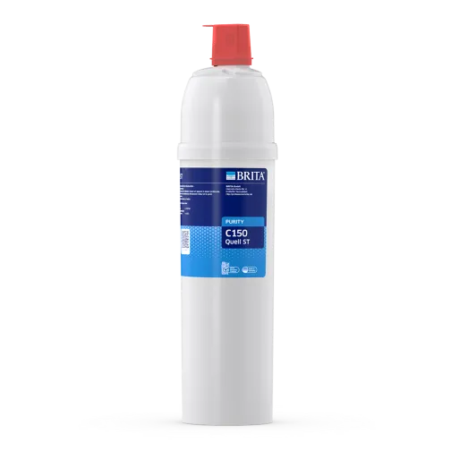 White water filter cartridge with red top and blue label on a white background