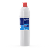 White water filter cartridge with red top and blue label on a white background