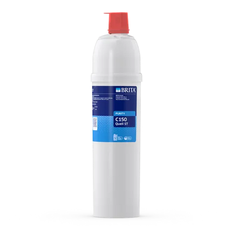White water filter cartridge with red top and blue label on a white background