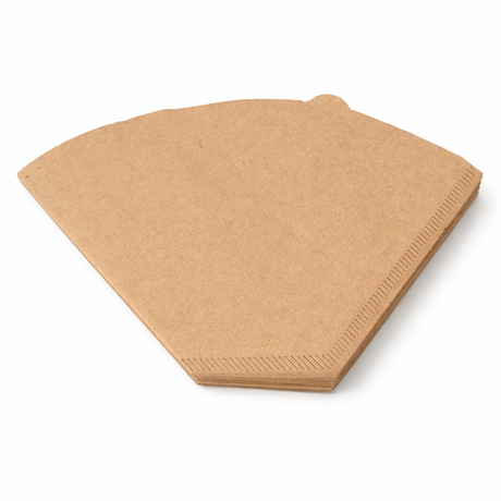 Brown paper coffee filter on a white background