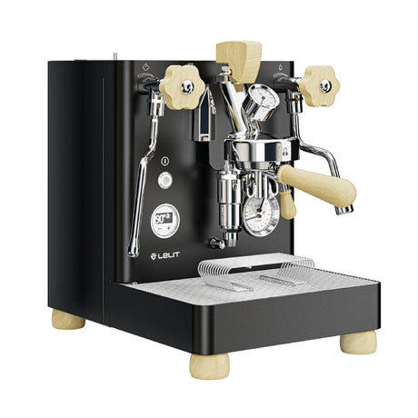 Black espresso machine with wooden handles on a white background