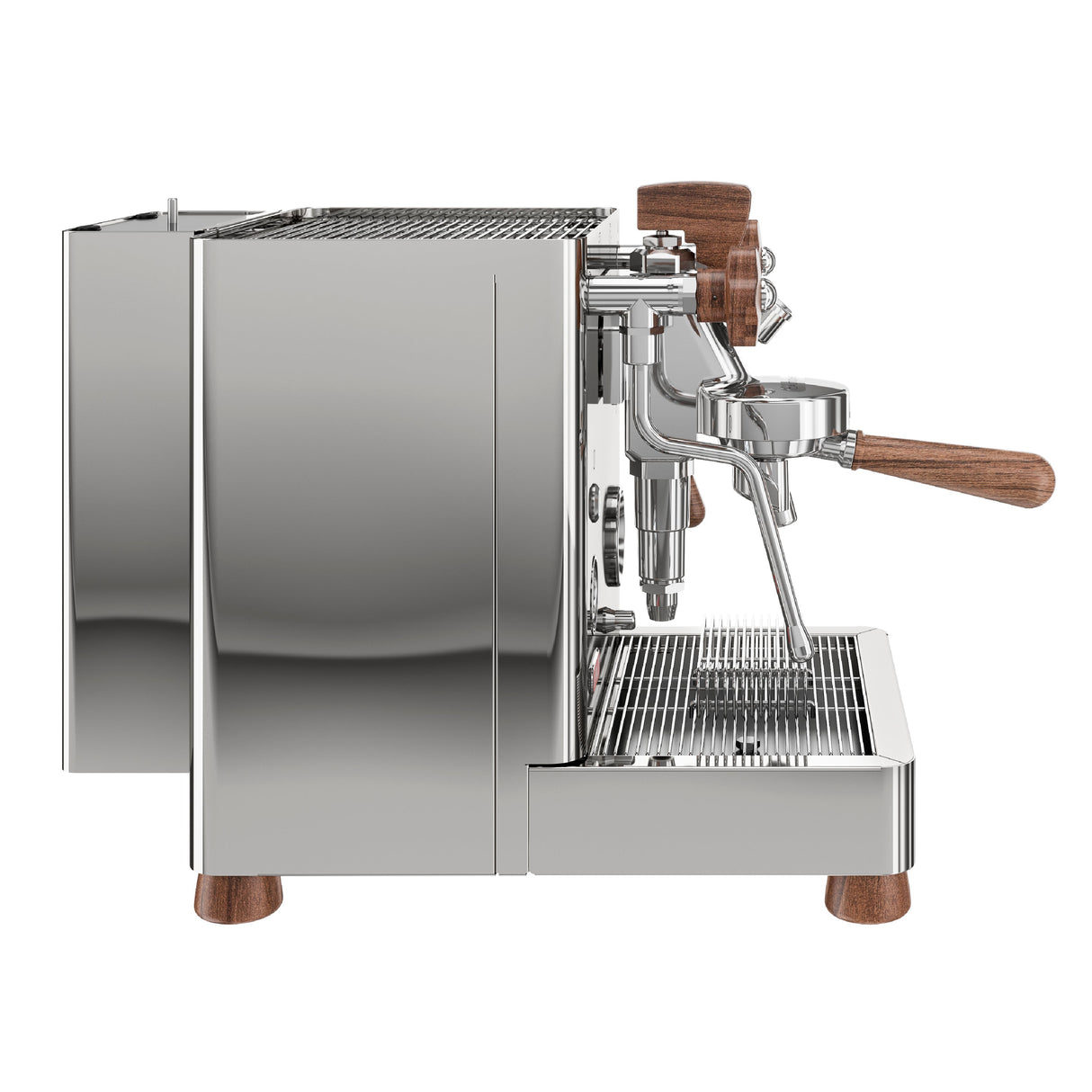 Stainless steel espresso machine with wooden handle on a white background