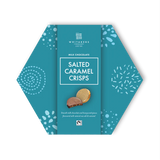 A hexagonal package of Whitakers Milk Chocolate Salted Caramel Crisps showing the product and brand name.