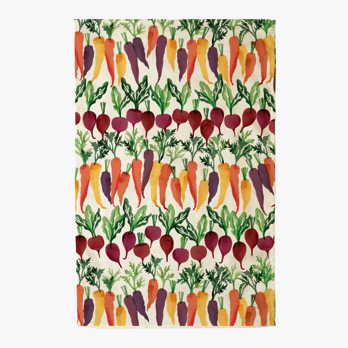 A multicolored tea towel with a pattern of vibrant carrots and beets.