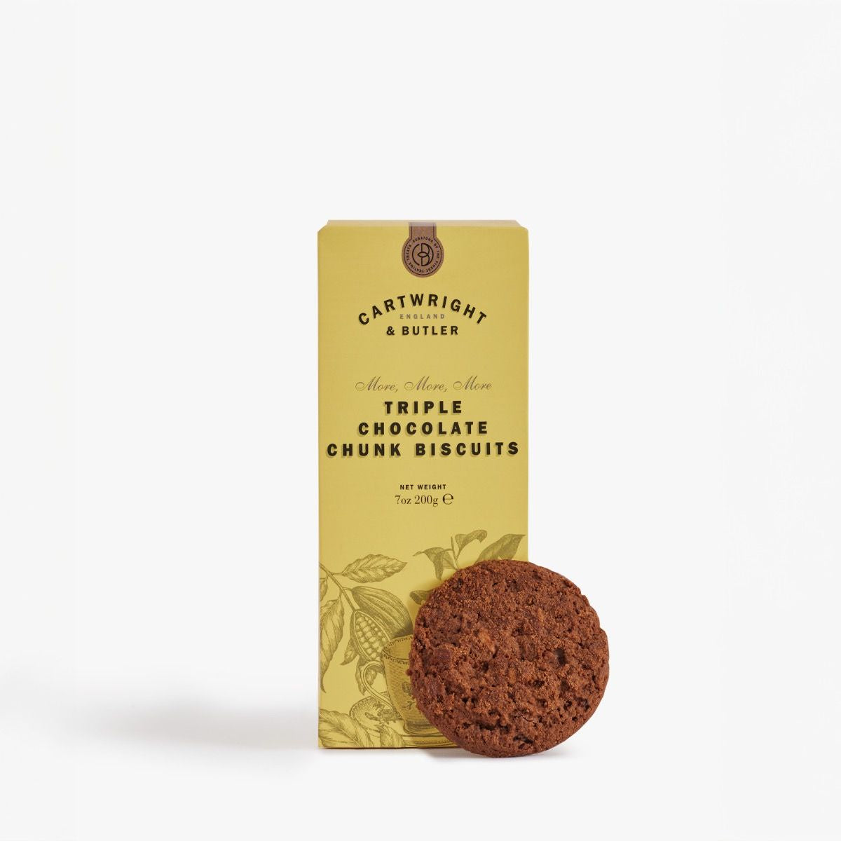 Cartwright & Butler triple chocolate chunk biscuit with packaging on a white background