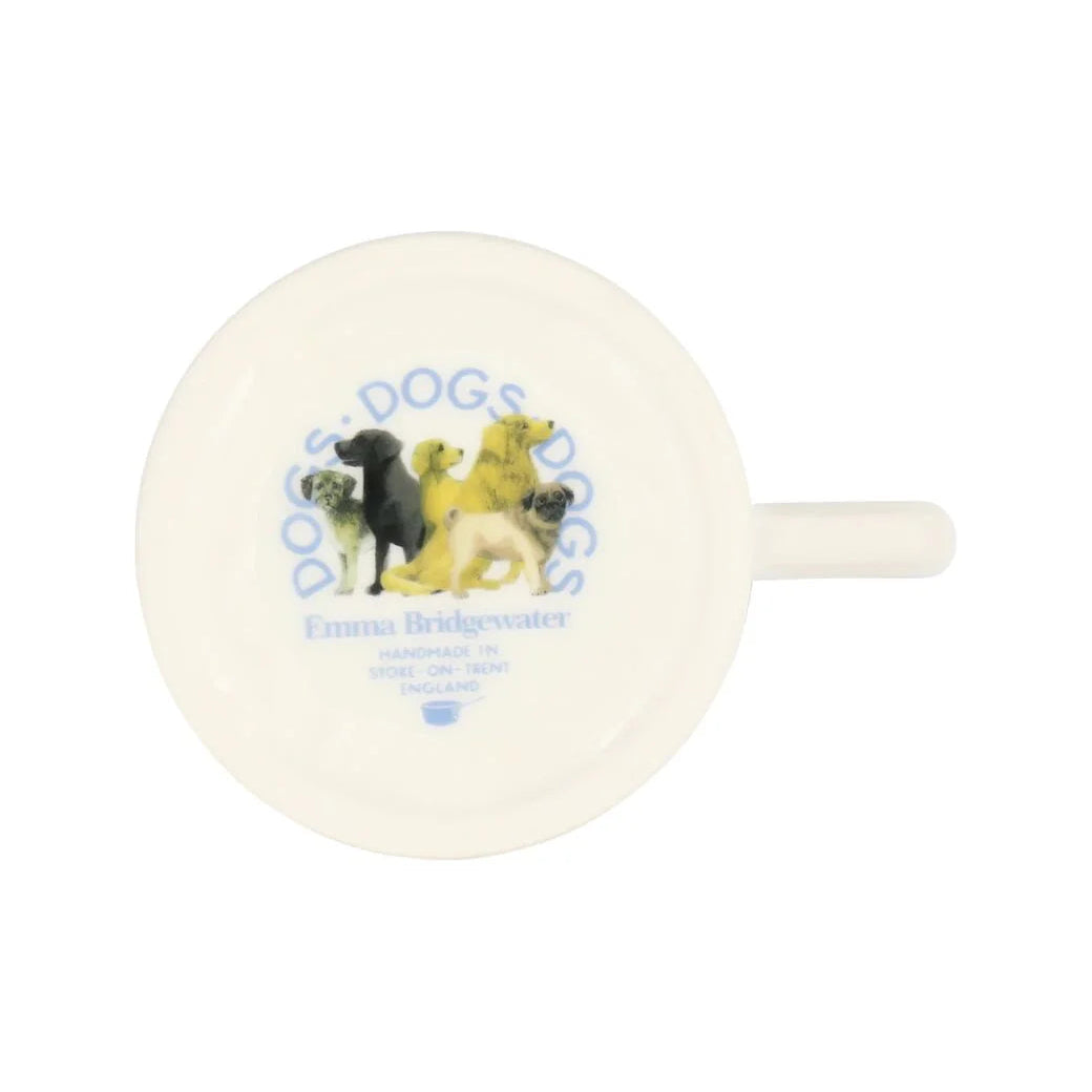 White mug with dog illustrations and text on a white background