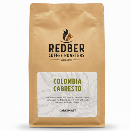 Coffee bag from Redber Coffee Roasters with 'Colombia Cabresto' label on a white background