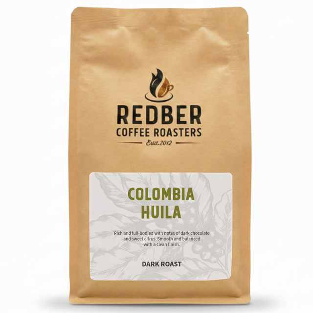 Colombia Huila dark roast coffee beans by Redber – rich chocolate and citrus notes