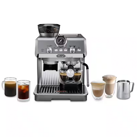 De’Longhi La Specialista Arte Evo EC9255.M in metal – front view with hot and cold drinks