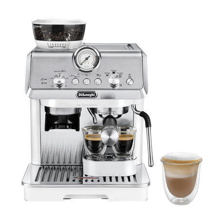 De’Longhi La Specialista Arte Evo EC9255.M in metal – front view with espresso and milk coffee