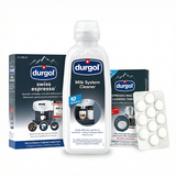 Durgol coffee machine cleaning products including a bottle, boxes, and tablets on a white background