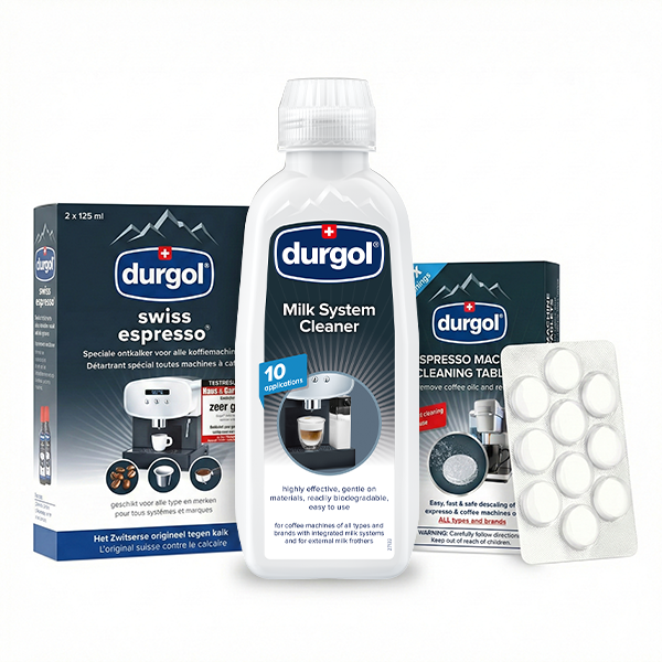 Durgol coffee machine cleaning products including a bottle, boxes, and tablets on a white background