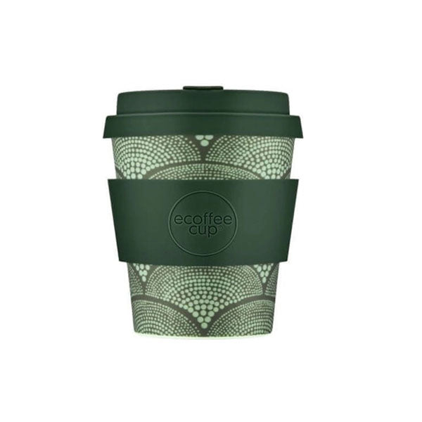 Green reusable coffee cup with patterned design and 'ecoffee cup' branding on a white background