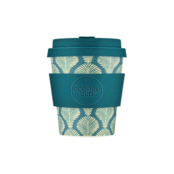 Reusable Ecoffee Cup Reusable Bamboo Travel Cup 0.24l / 8 oz. -  Creasy Lu coffee cup with leaf pattern and teal lid on a white background