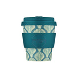 Reusable Ecoffee Cup Reusable Bamboo Travel Cup 0.24l / 8 oz. -  Creasy Lu coffee cup with leaf pattern and teal lid on a white background