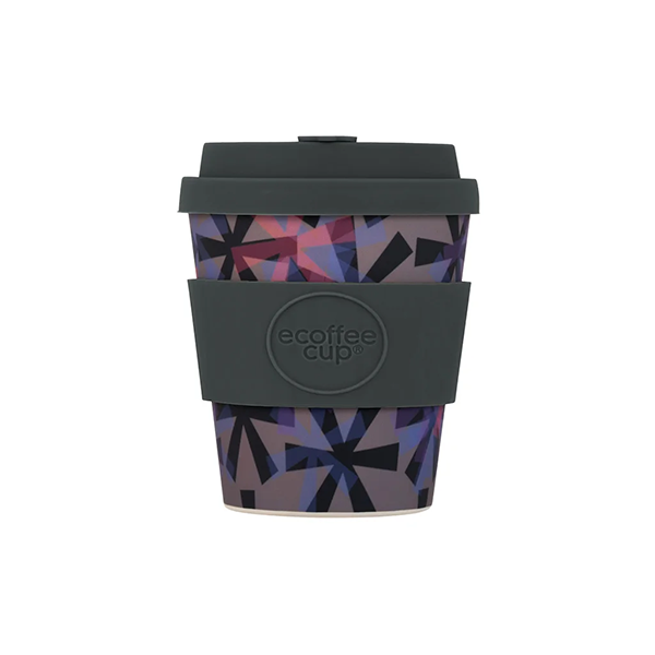 Reusable coffee cup with geometric pattern and dark gray lid on a white background