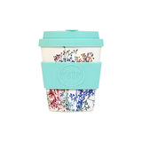 Reusable coffee cup with floral design and turquoise lid on a white background