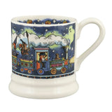 Mug with a colorful train design on a blue background