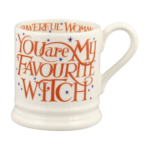 White mug with orange text 'YOU ARE MY FAVOURITE WITCH' on a white background
