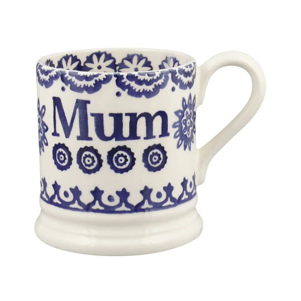 Emma Bridgewater White mug with blue floral patterns and 'Mum' text on a white background