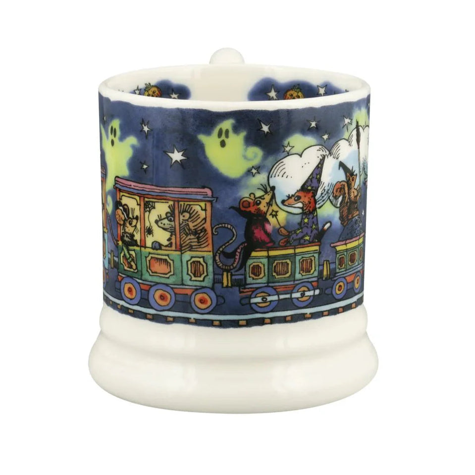 Ceramic mug with cartoon design on a white background