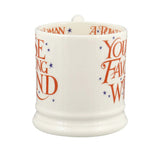 White mug with red text on a white background