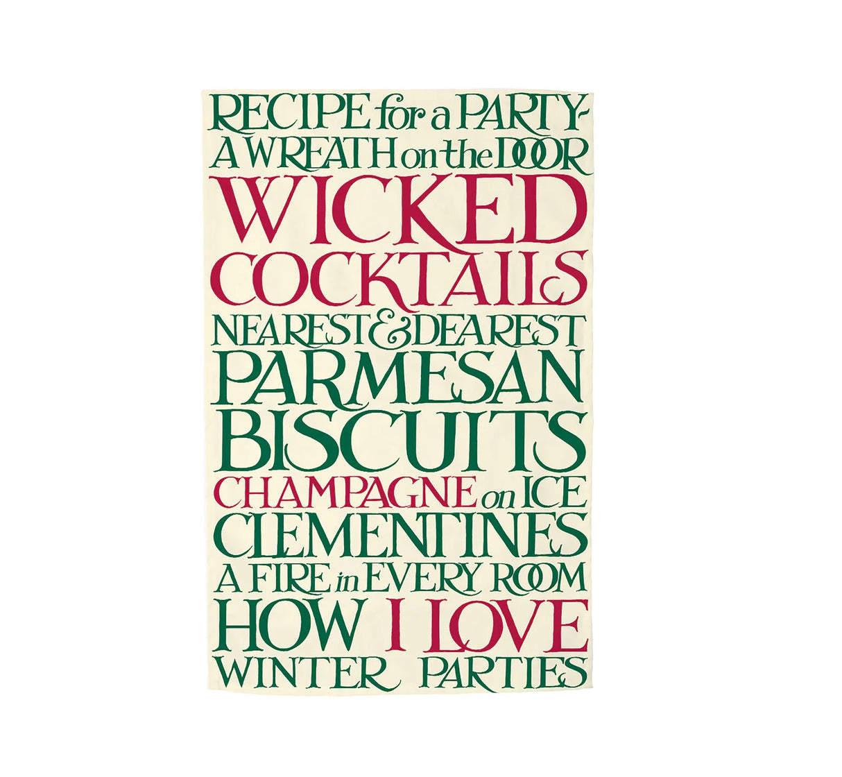 Textual list of party items with a festive color scheme on a white background