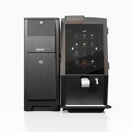 Bravilor Esprecious 21L Bean-to-Cup Coffee Machine – robust design with large 21L water tank, dual canisters for coffee beans and instant ingredients, easy-to-use touchscreen, and automatic rinsing program. Suitable for high-volume environments with up to 210 cups per day.