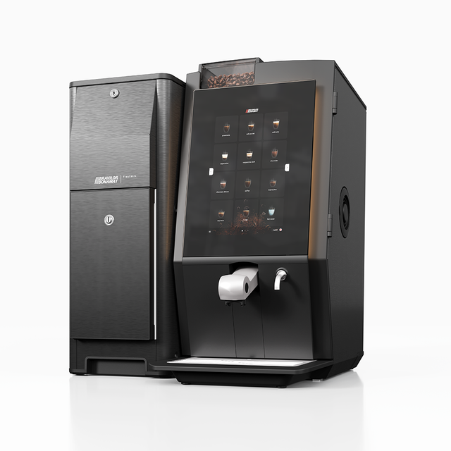 Bravilor Esprecious 21L Bean-to-Cup Coffee Machine – robust design with large 21L water tank, dual canisters for coffee beans and instant ingredients, easy-to-use touchscreen, and automatic rinsing program. Suitable for high-volume environments with up to 210 cups per day.