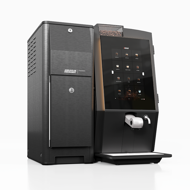 Bravilor Esprecious 21L Bean-to-Cup Coffee Machine – robust design with large 21L water tank, dual canisters for coffee beans and instant ingredients, easy-to-use touchscreen, and automatic rinsing program. Suitable for high-volume environments with up to 210 cups per day.