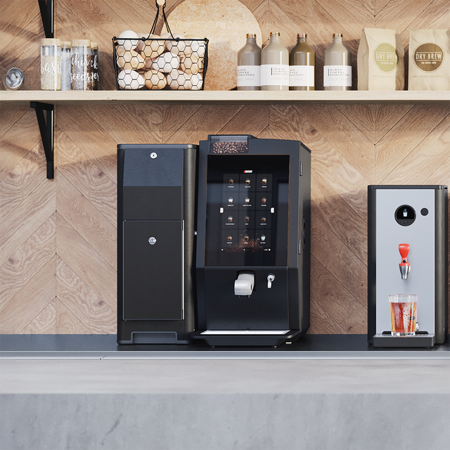 Bravilor Esprecious 21L Bean-to-Cup Coffee Machine – robust design with large 21L water tank, dual canisters for coffee beans and instant ingredients, easy-to-use touchscreen, and automatic rinsing program. Suitable for high-volume environments with up to 210 cups per day.