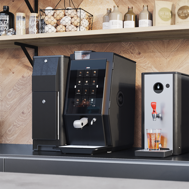 Bravilor Esprecious 21L Bean-to-Cup Coffee Machine – robust design with large 21L water tank, dual canisters for coffee beans and instant ingredients, easy-to-use touchscreen, and automatic rinsing program. Suitable for high-volume environments with up to 210 cups per day.