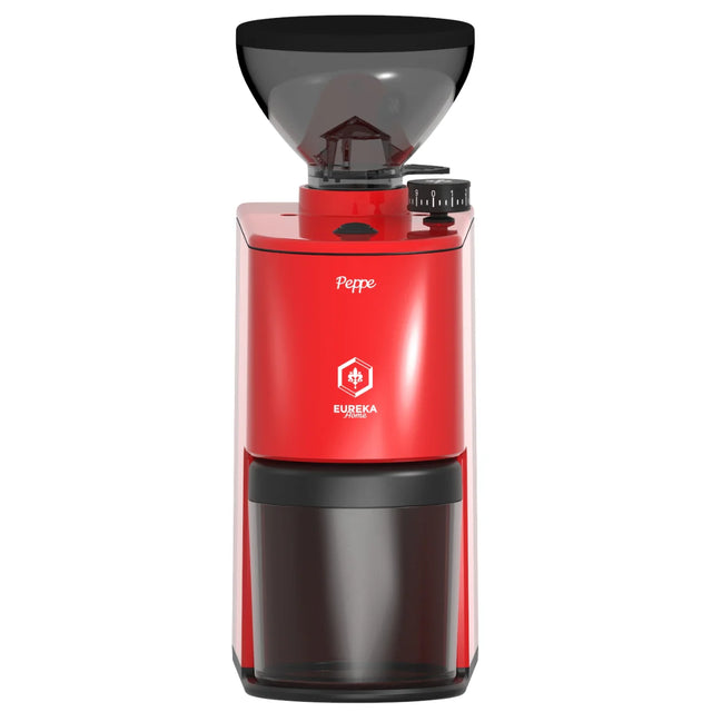 Eureka Peppe 50 electric coffee grinder in blue with a black bean hopper and grounds container.