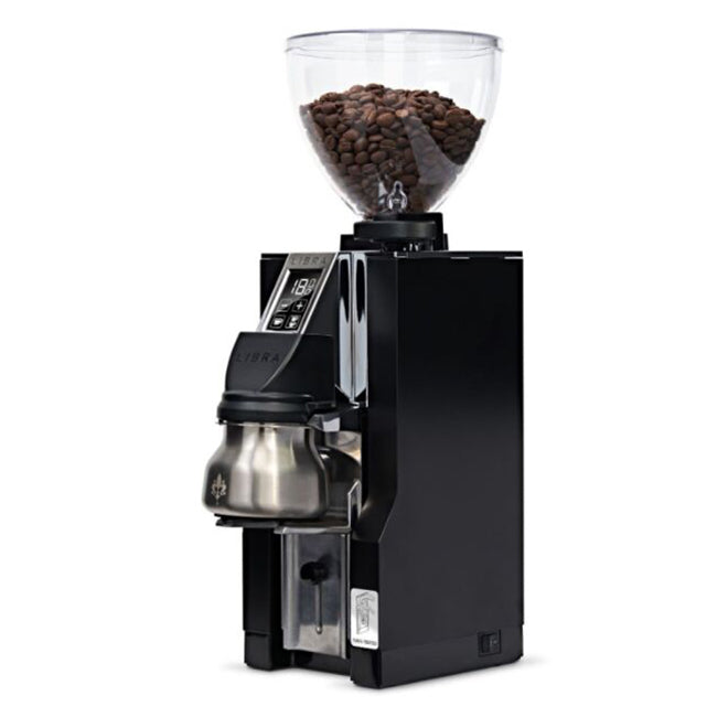 Black coffee grinder with glass container of coffee beans on a white background