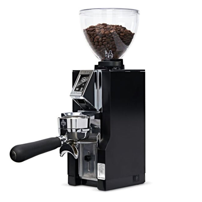 Black coffee grinder with a clear container of coffee beans on a white background