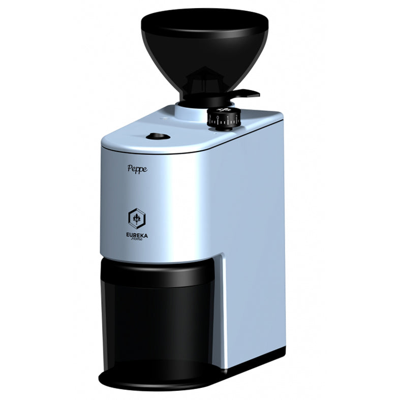 Eureka Peppe 50 electric coffee grinder in blue with a black bean hopper and grounds container.